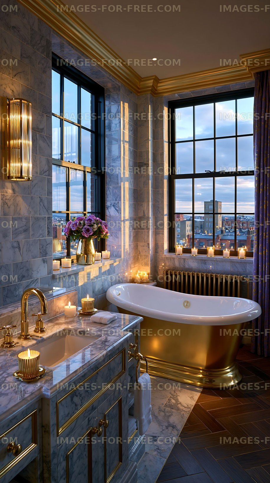 Elegant bathroom with modern features and city view