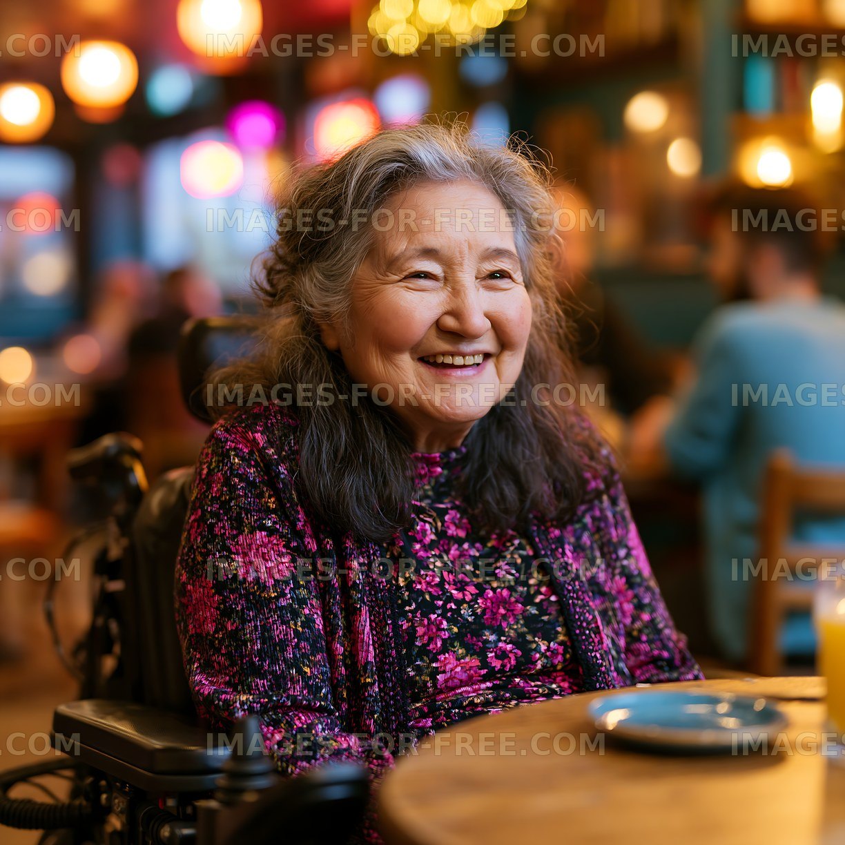 Older woman smiling in cafe with warm lighting
