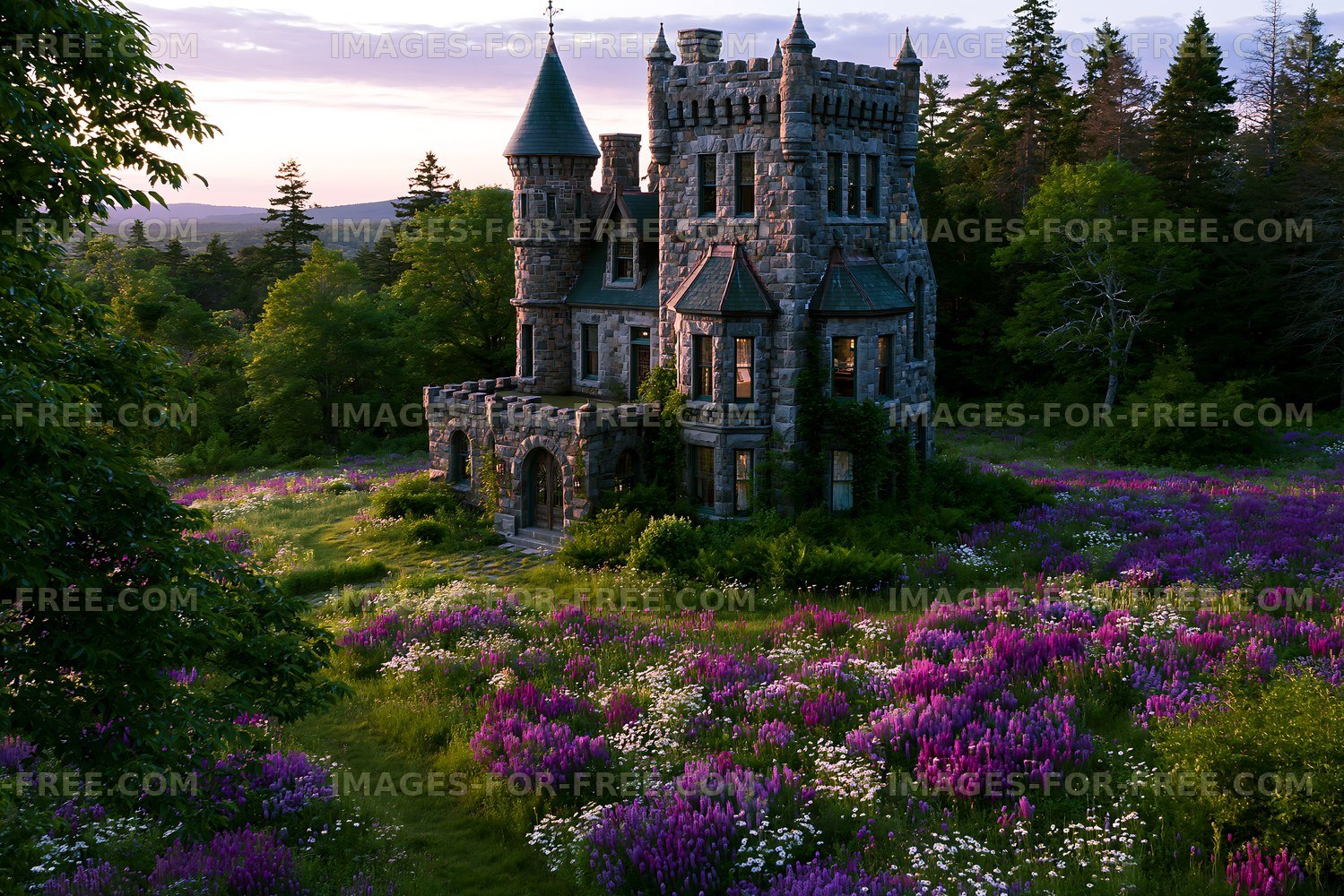 Old stone castle surrounded by flowers on a hillside at sunset