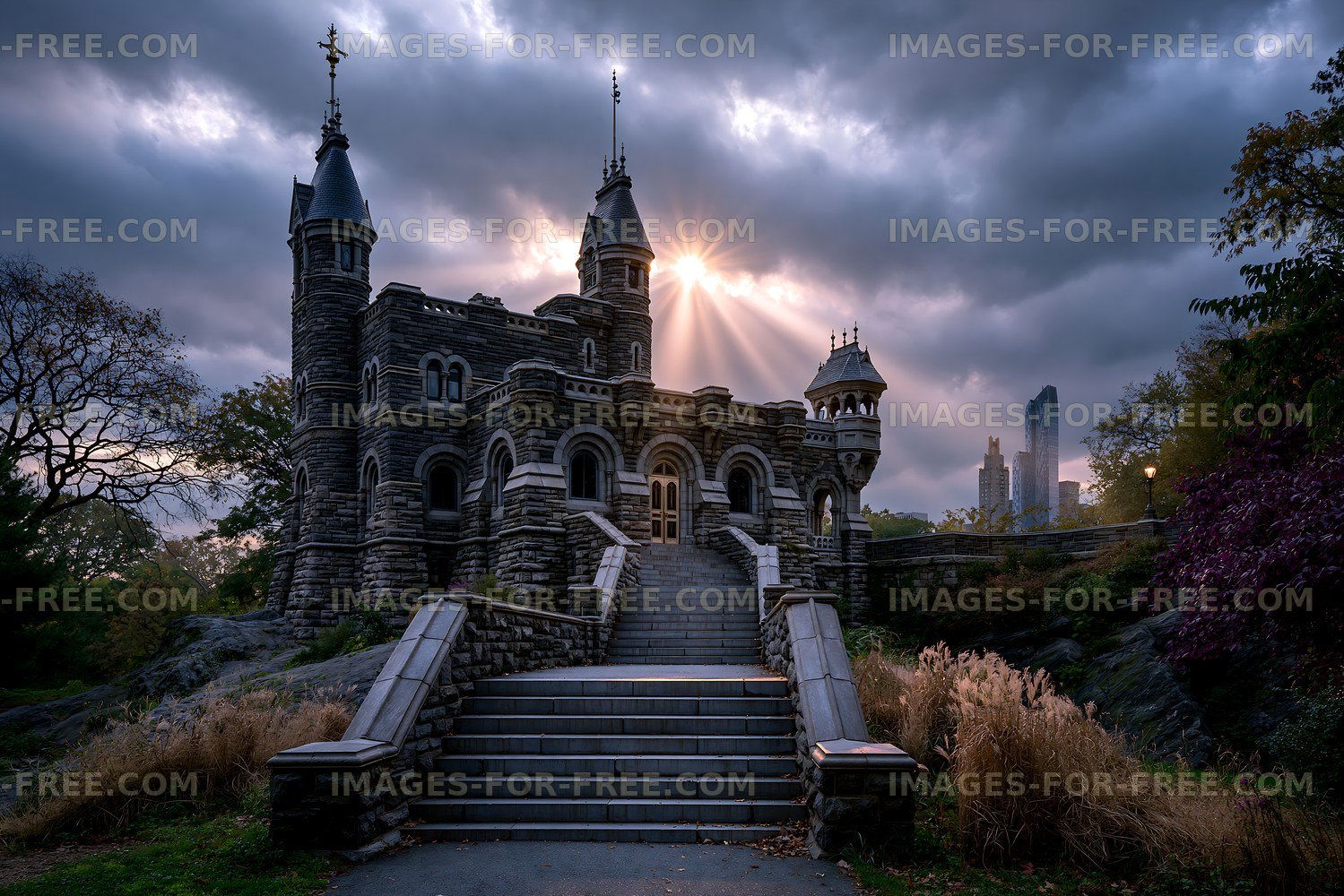 Castle structure with towers and steps under a cloudy sky