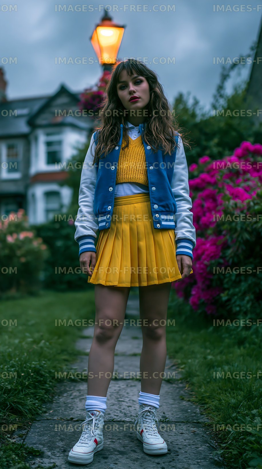 Young woman stands on a path surrounded by flowers in the evening