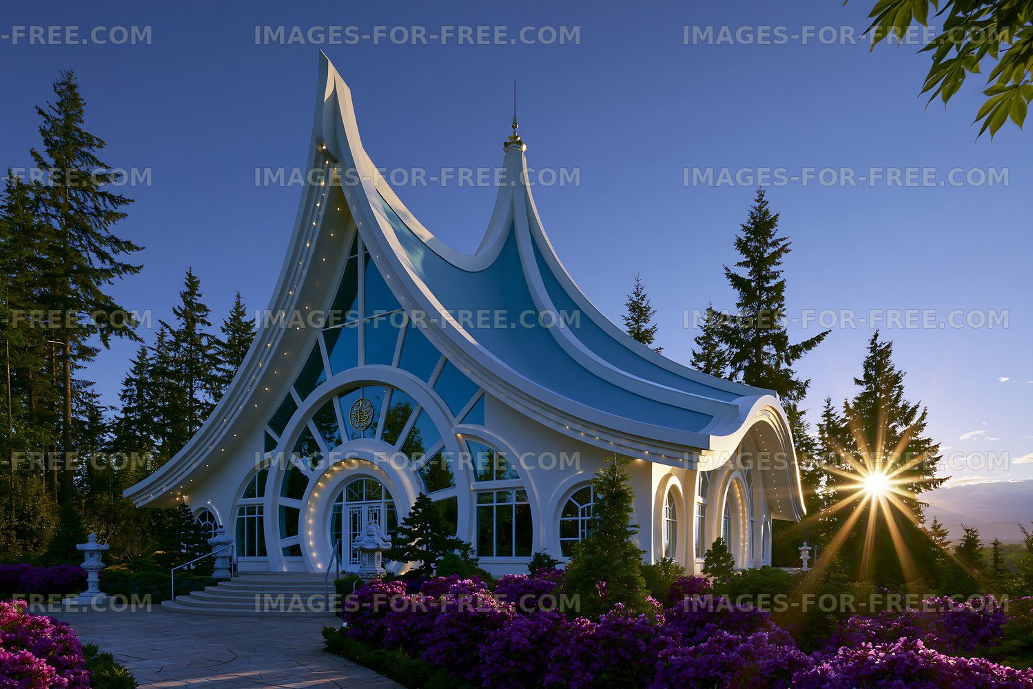 Chapel surrounded by trees and flowers during sunset
