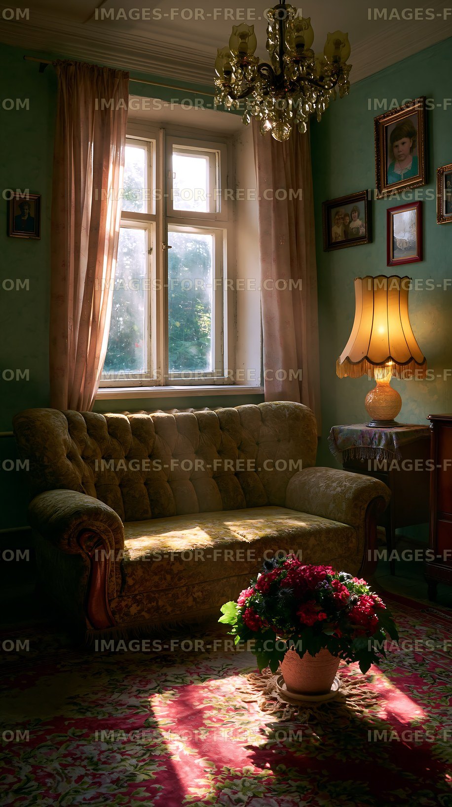 Cozy living room with vintage furniture and sunlight