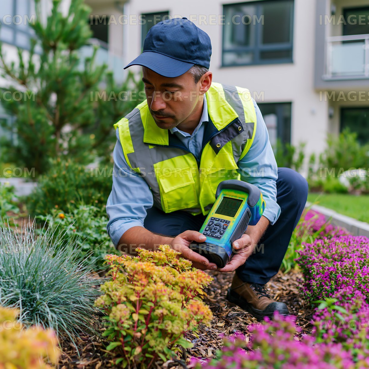 Gardener using device to monitor plant health in urban landscape