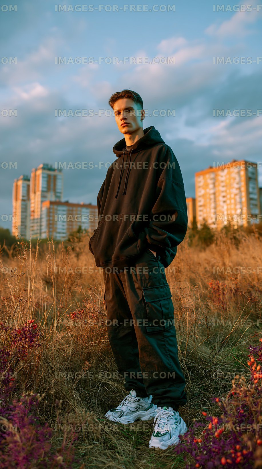 Young man standing in a field with buildings in the background