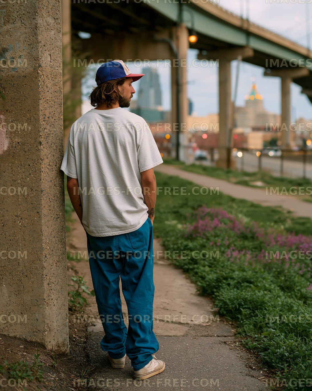 Man standing near a concrete wall in urban setting at dusk
