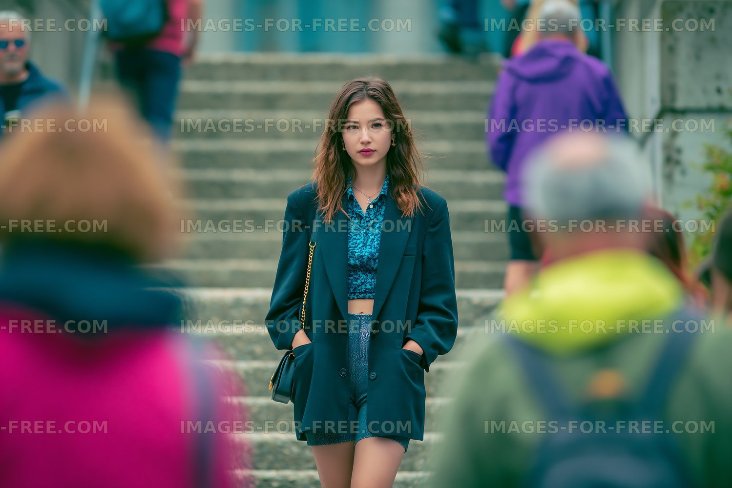 Woman walking through a crowd of people in a city street