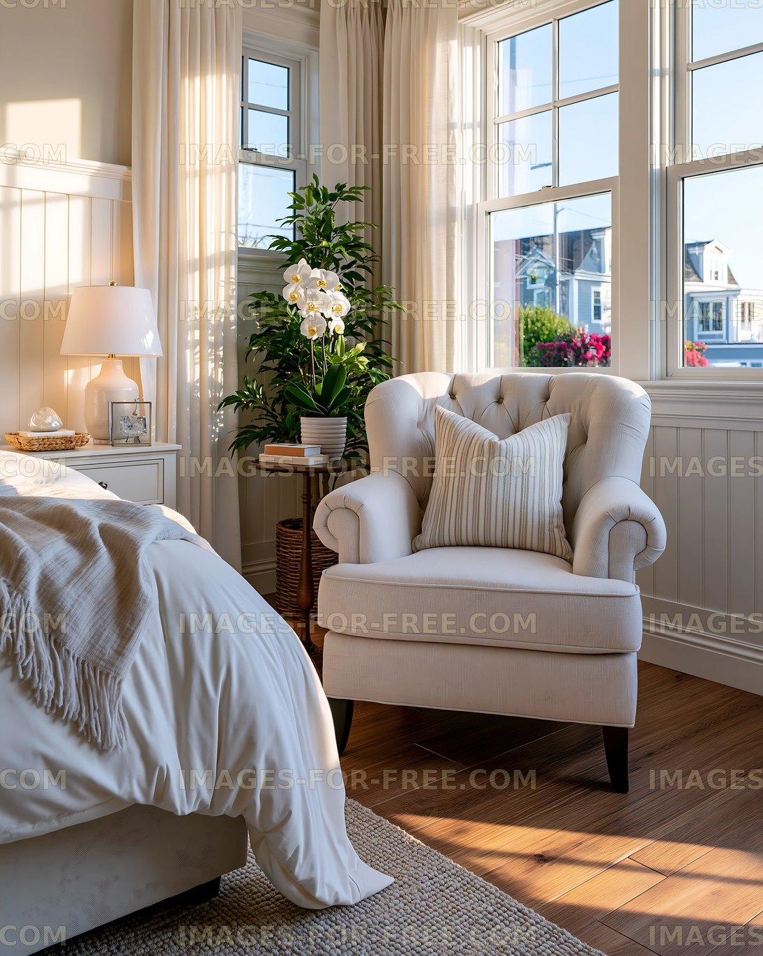 Sunlight fills a cozy bedroom with a chair and plants