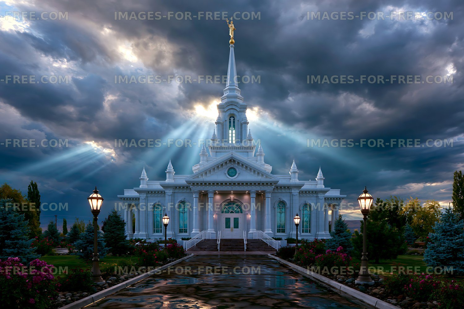 Dramatic sky above a large church with shining lights