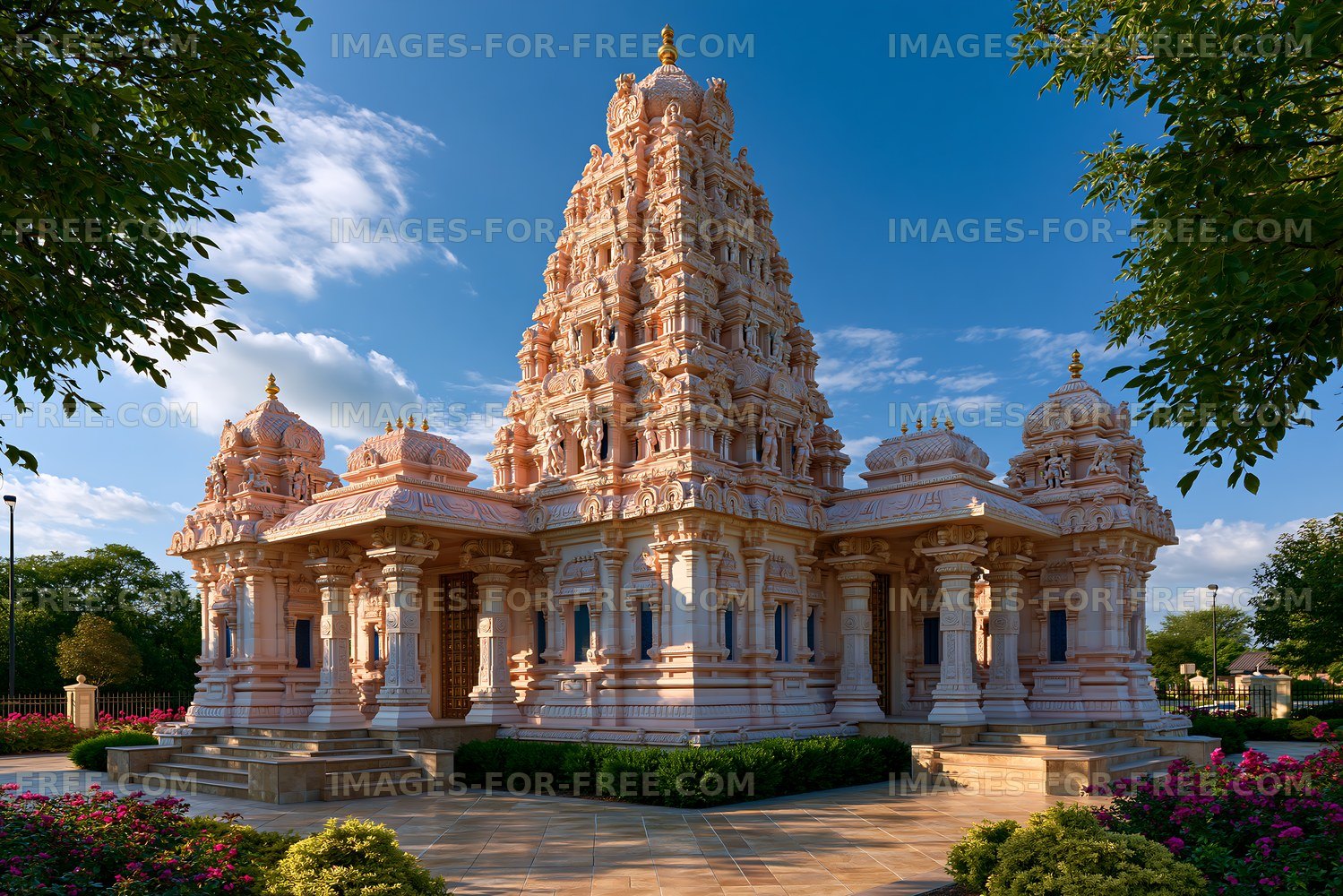 Temple with intricate architecture and clear blue sky