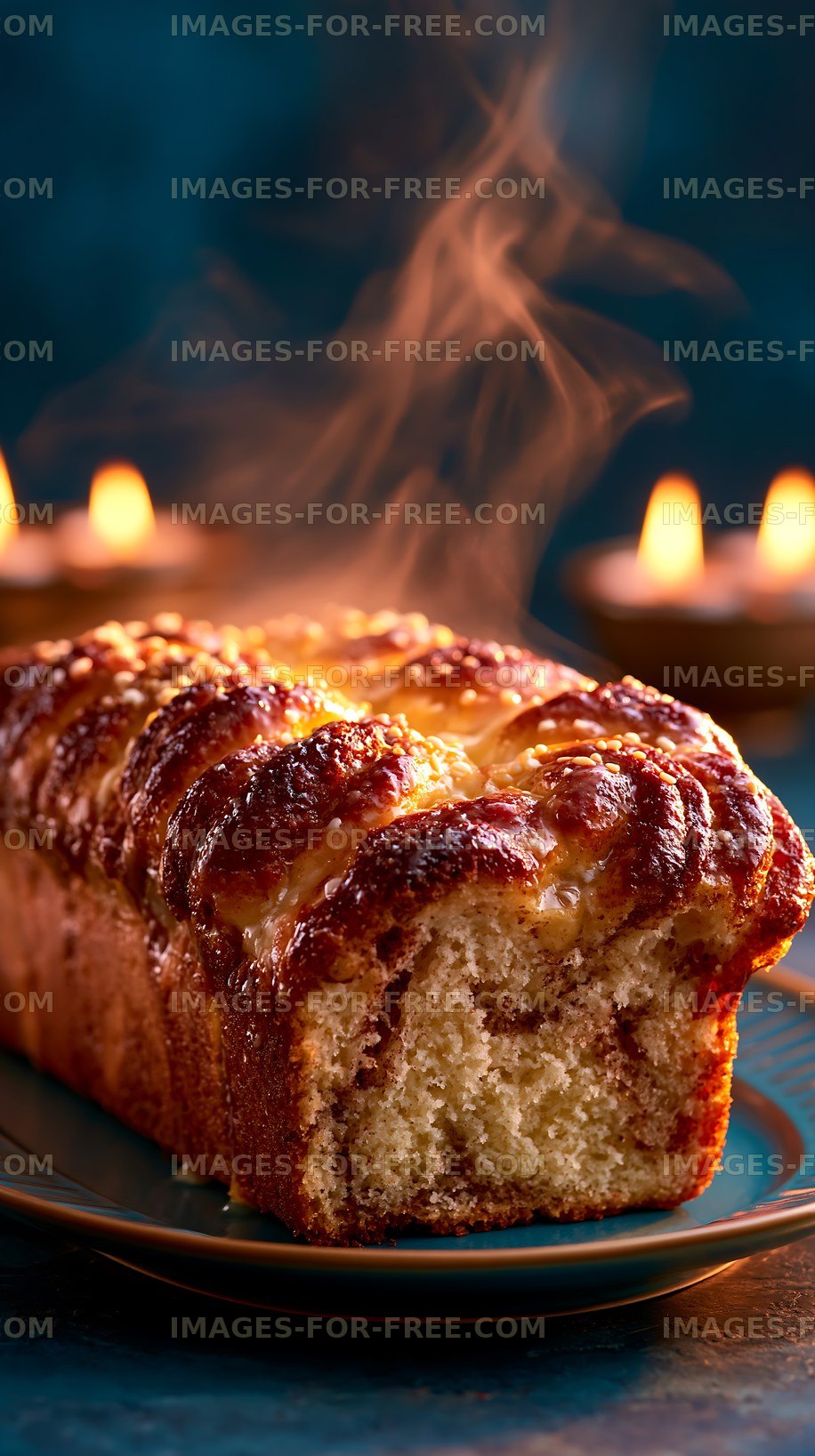 Freshly baked loaf of bread with steam rising in dim light