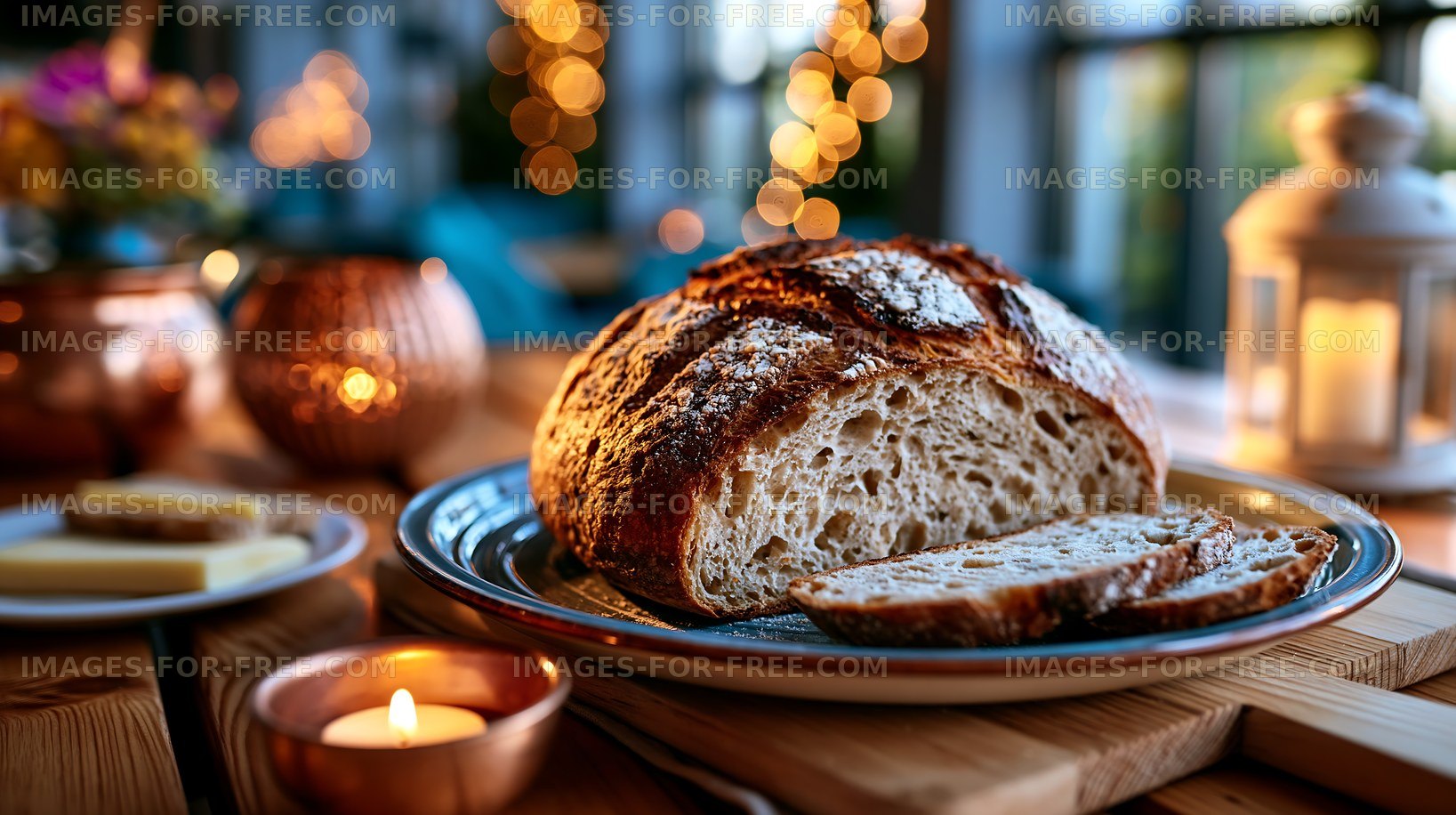 Freshly baked bread on a table with candles and warm lights