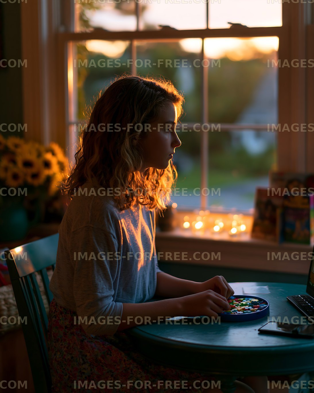 Girl sitting at table near window during sunset