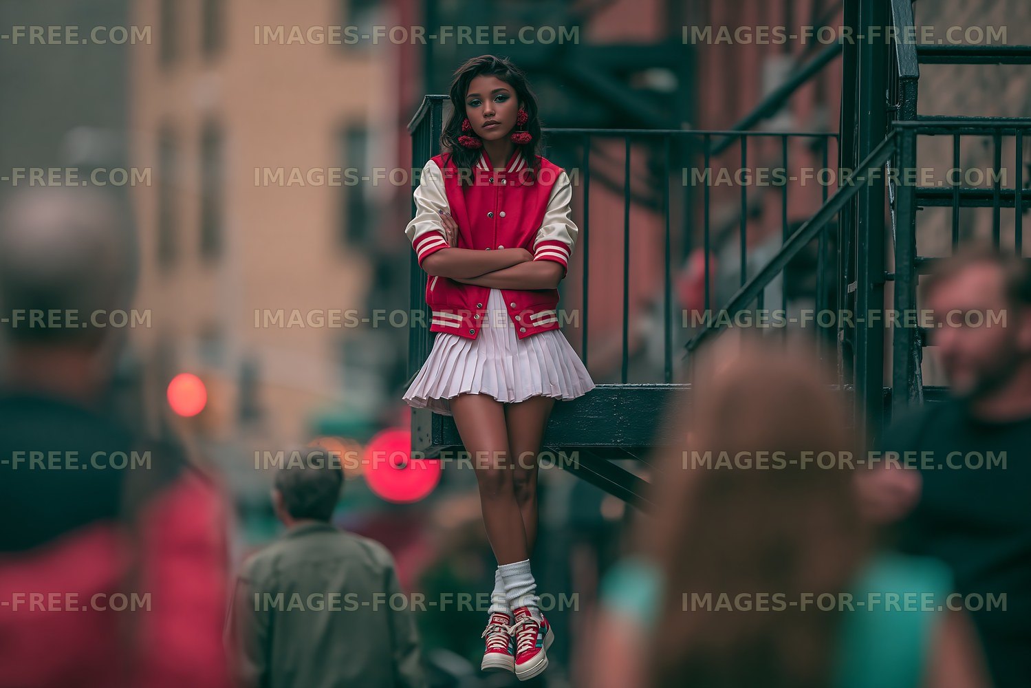Young person in varsity jacket on staircase observing street scene