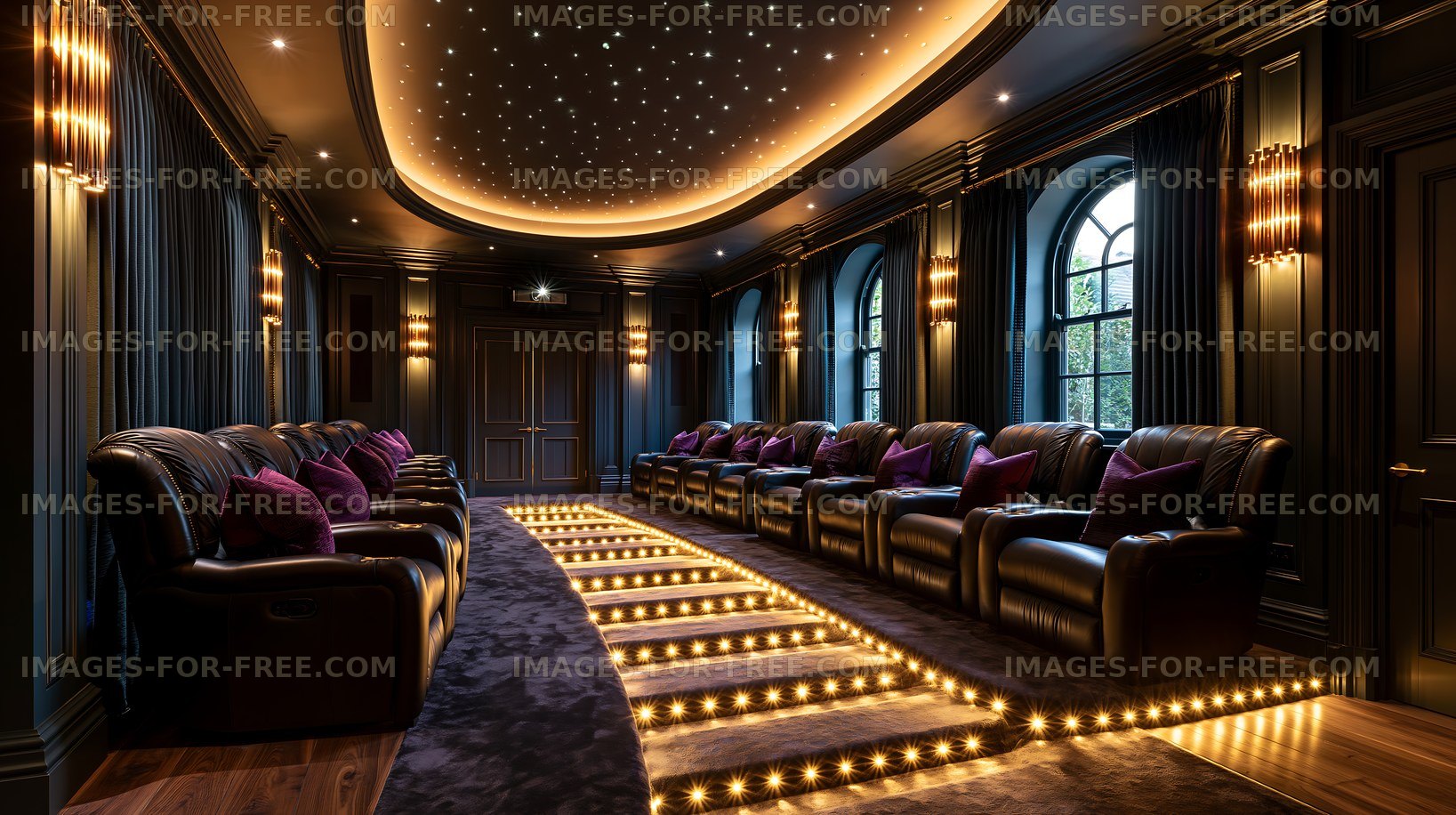 Luxury home theater with comfortable seating and starry ceiling