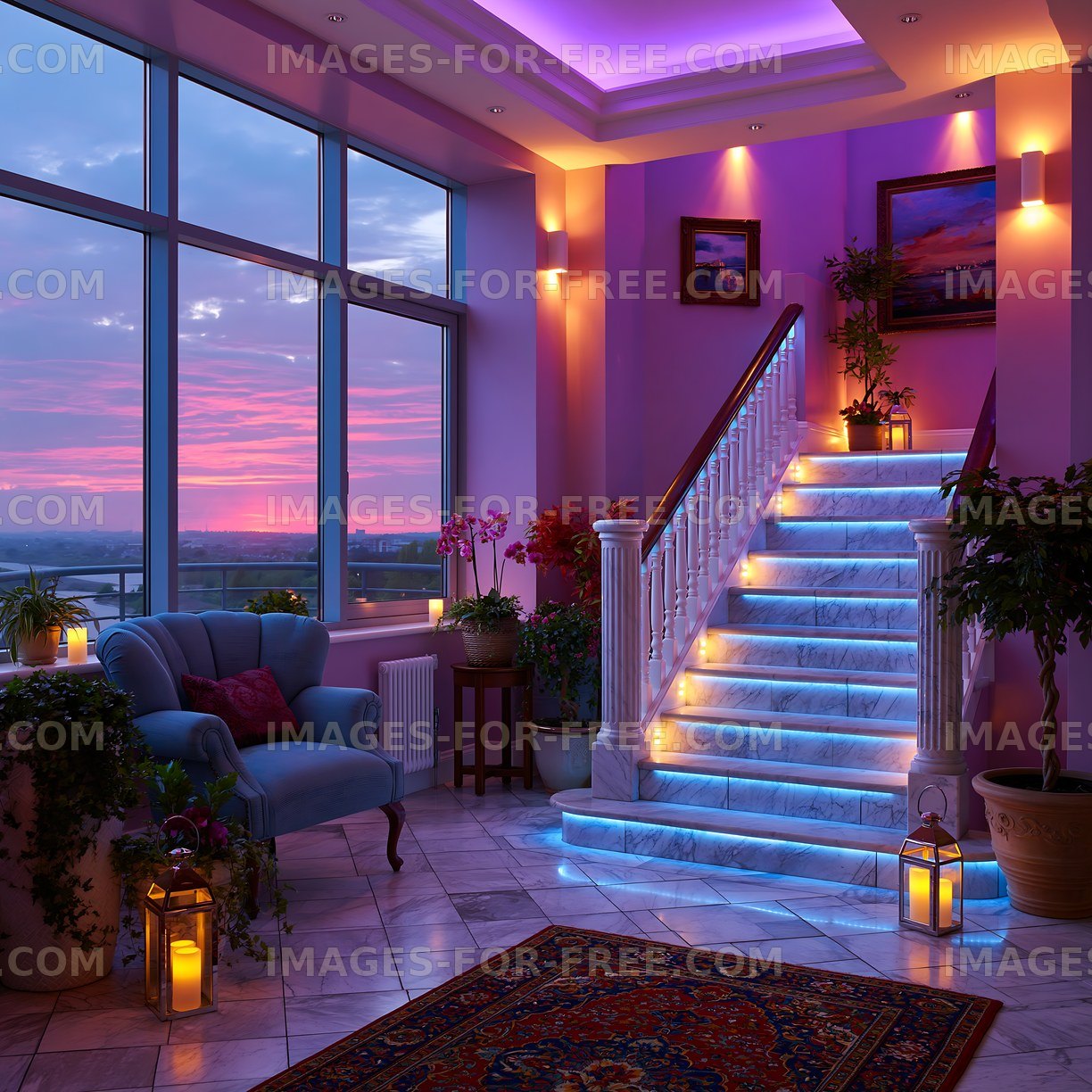 Staircase with illuminated steps and sunset view in modern interior