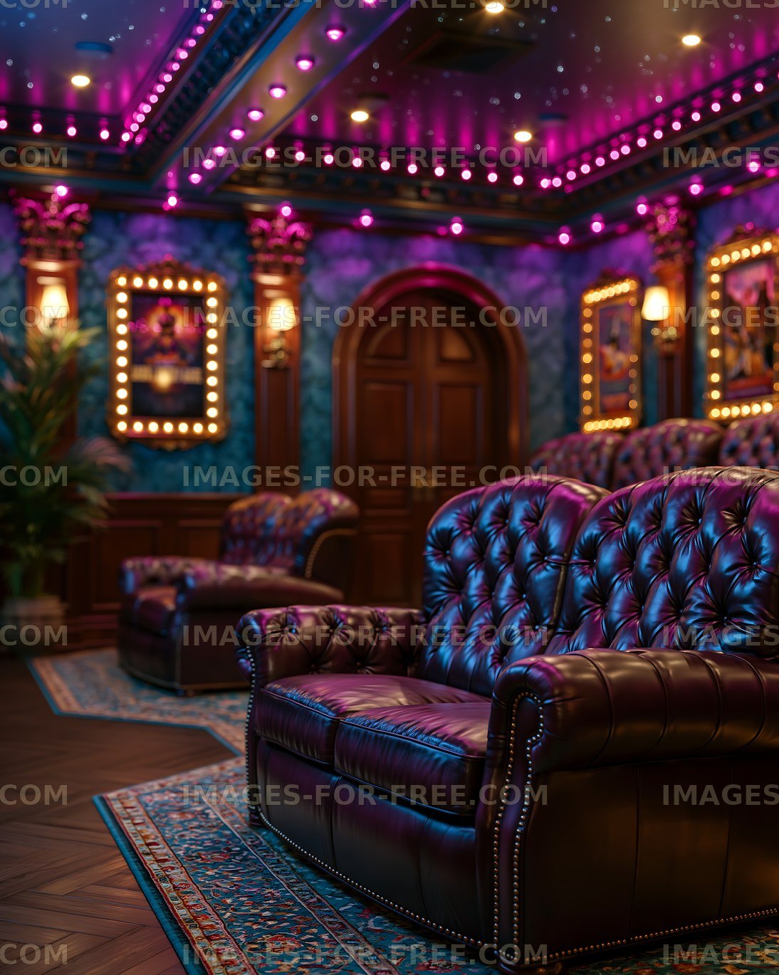 Cozy lounge area with vintage seating and colorful lights