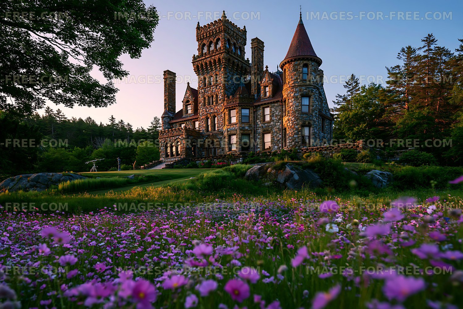Historic stone mansion surrounded by flowers at sunset