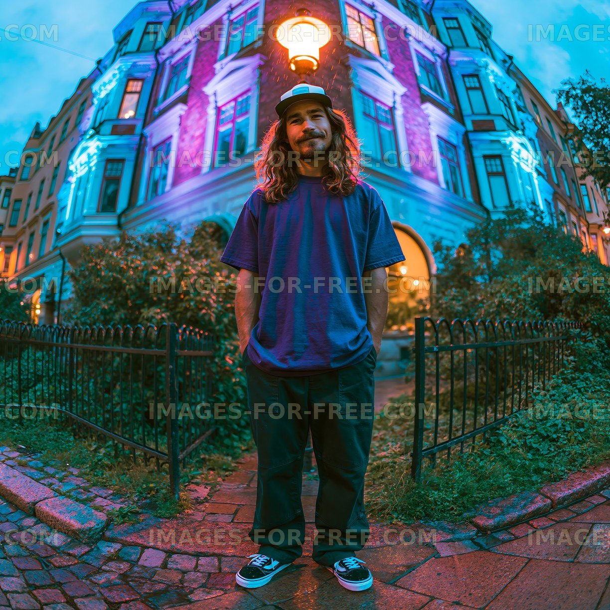 Young man standing on a street corner near buildings and streetlights