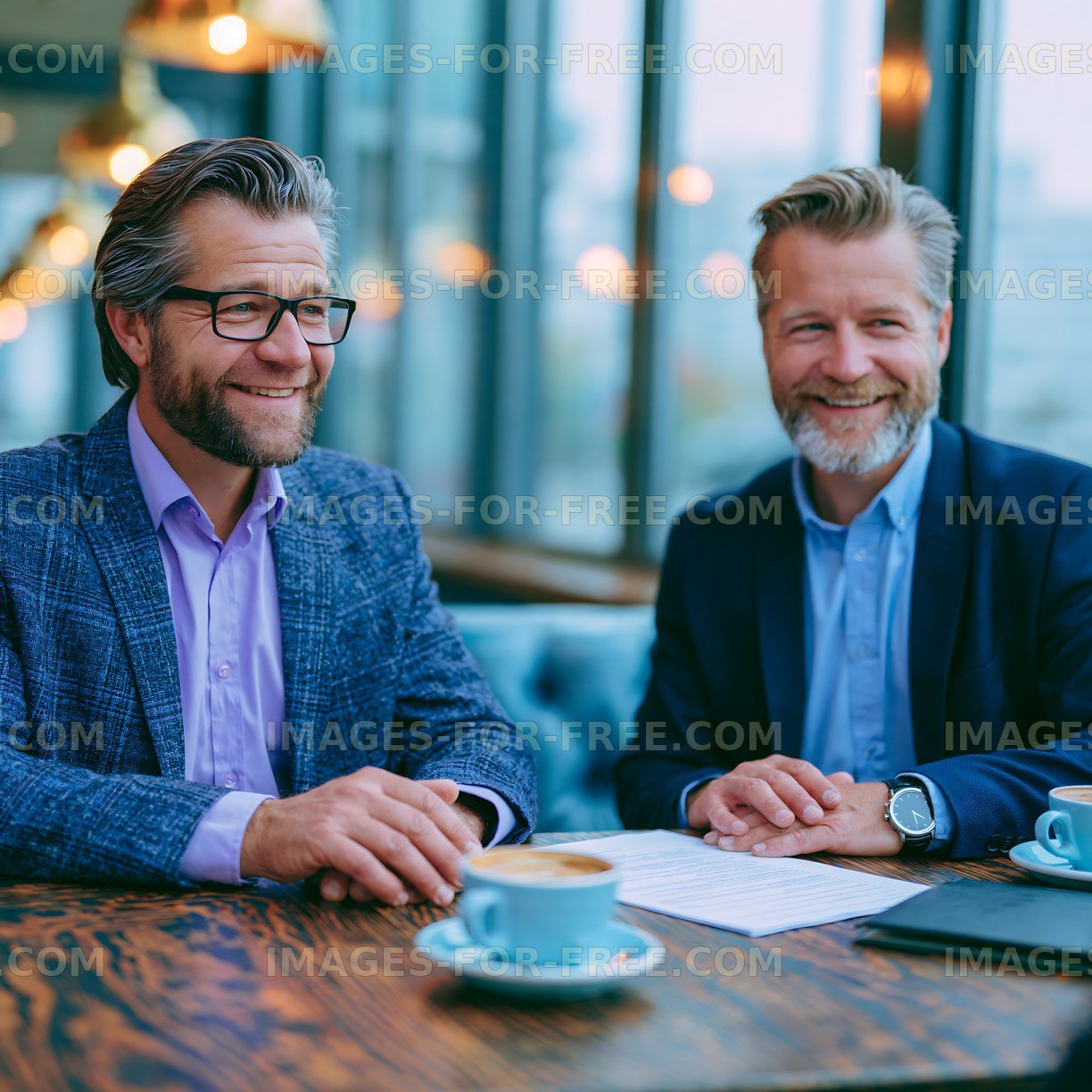 Two men having a meeting in a modern cafe