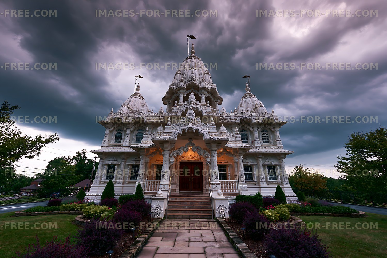 Intricate temple structure under dark clouds