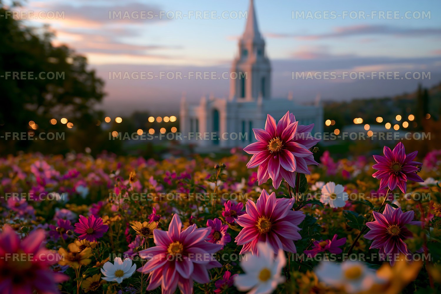 Flowers in a garden with a building in the background at sunset