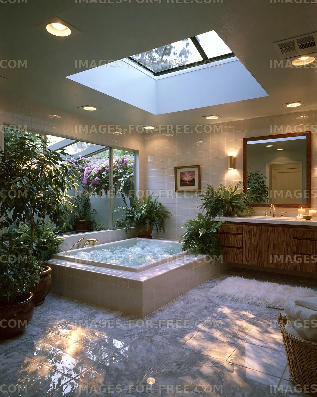 Modern bathroom with a bathtub and plants