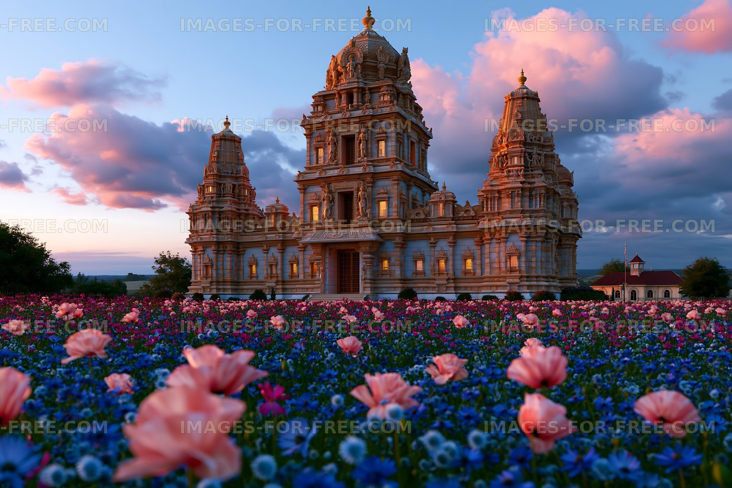 Flower field with temple at sunset in vibrant sky