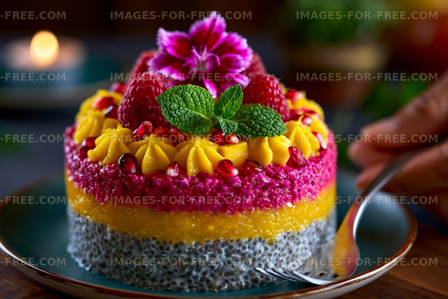 Colorful layered dessert with fresh fruit and flowers