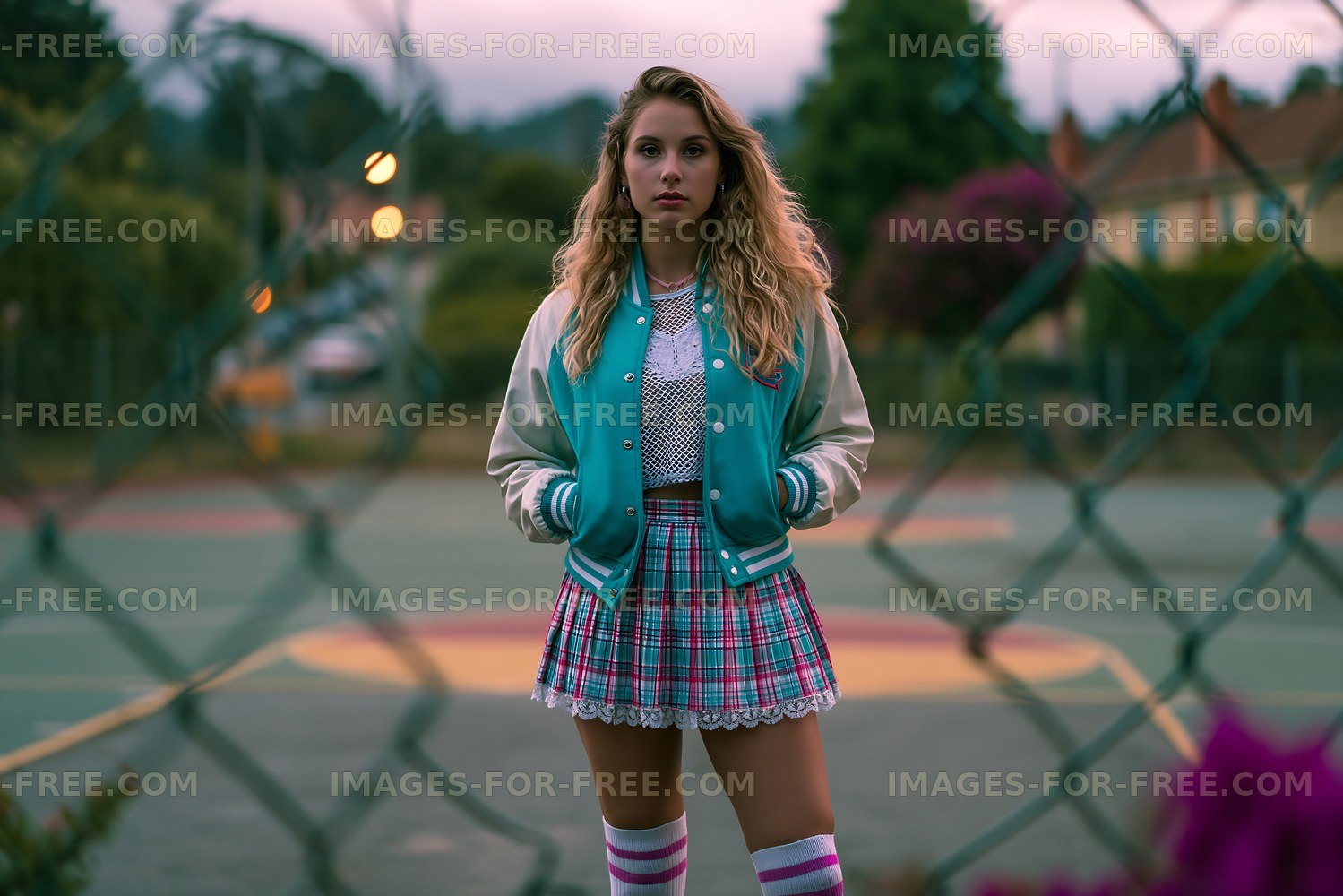 Teen girl wearing a blue jacket and plaid skirt on a court