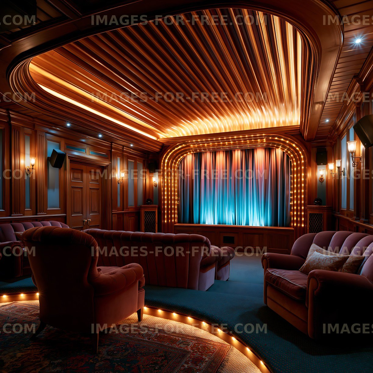Cozy home theater with plush seating and warm lighting