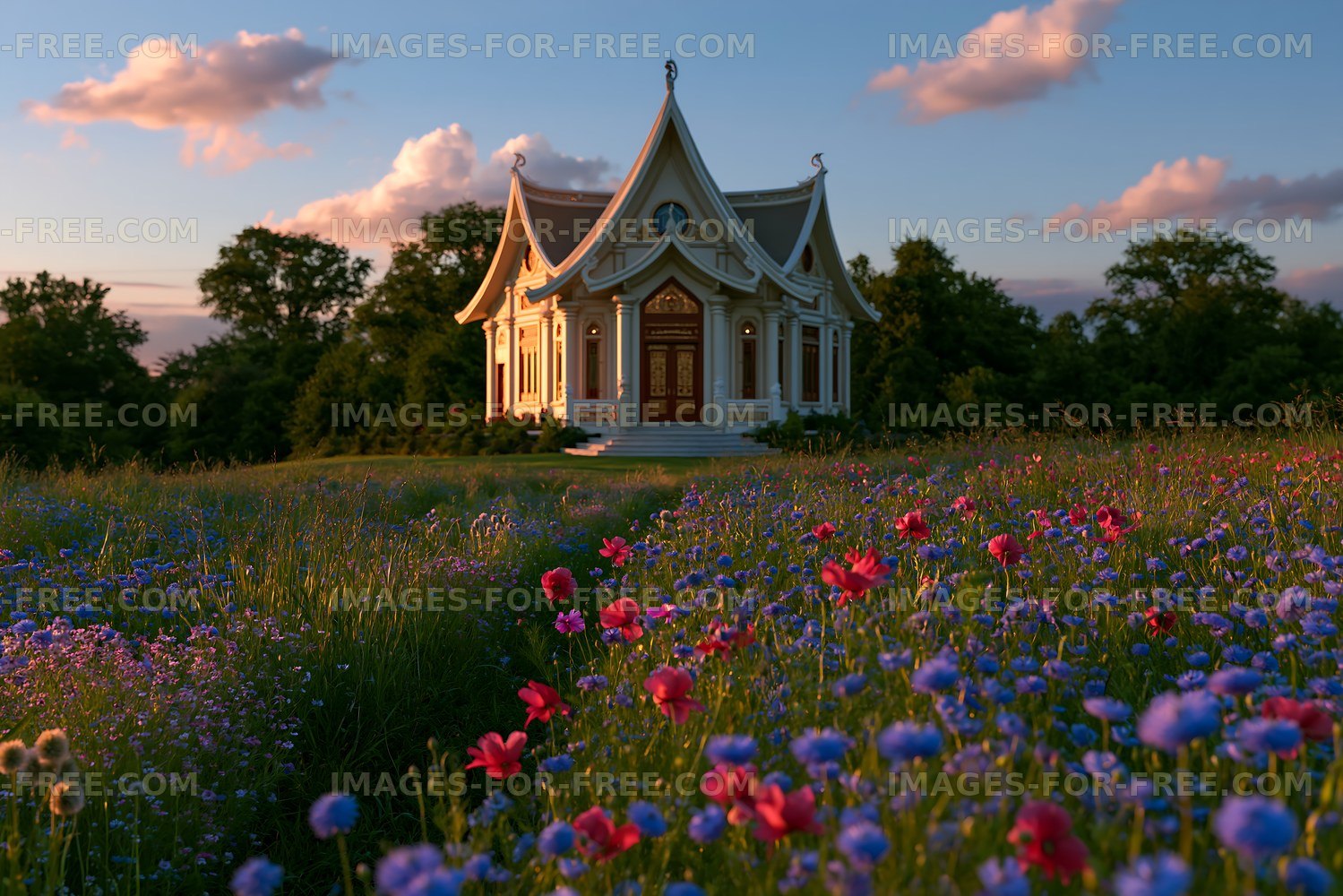 Colorful flowers surround a small temple under a blue sky