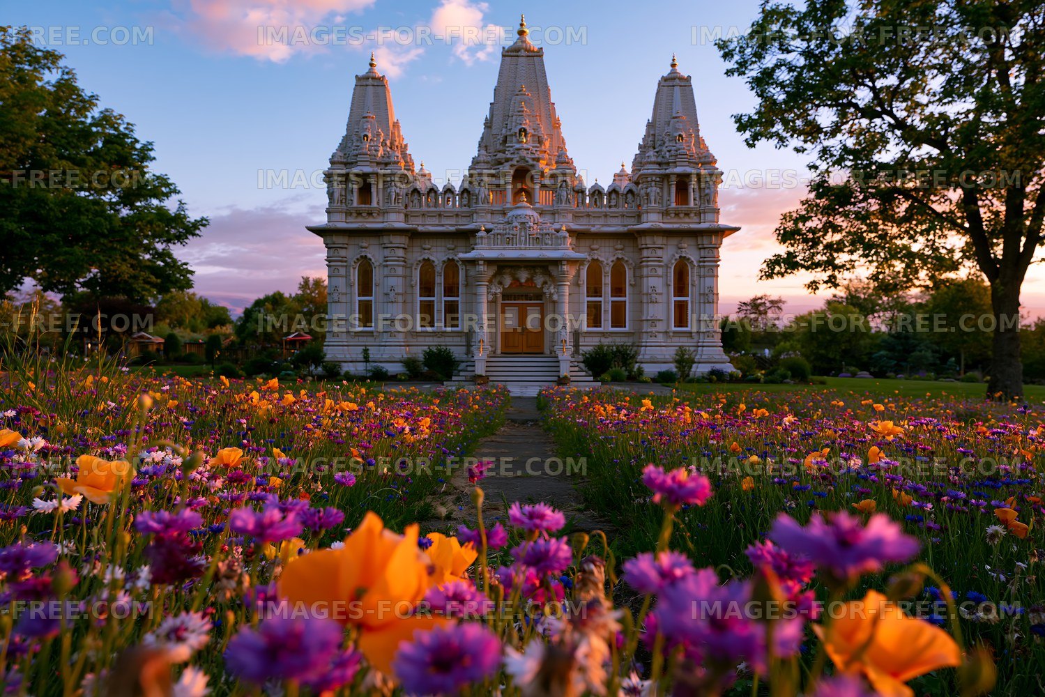 Beautiful temple surrounded by colorful flowers at sunset