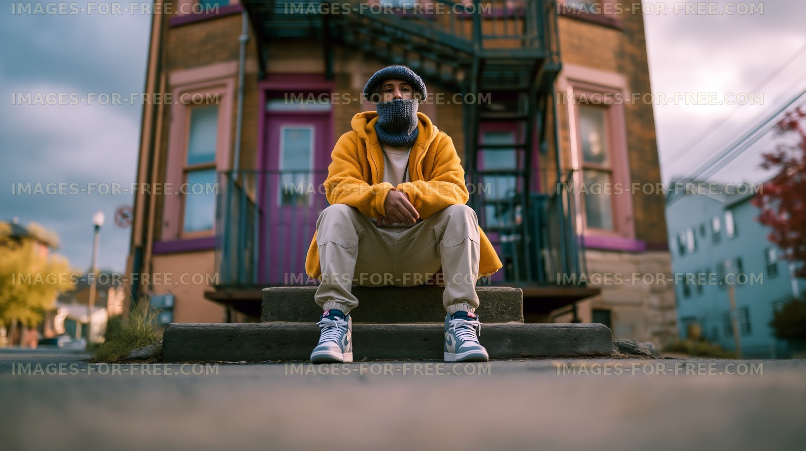 Man sitting on steps in front of building on a cloudy day
