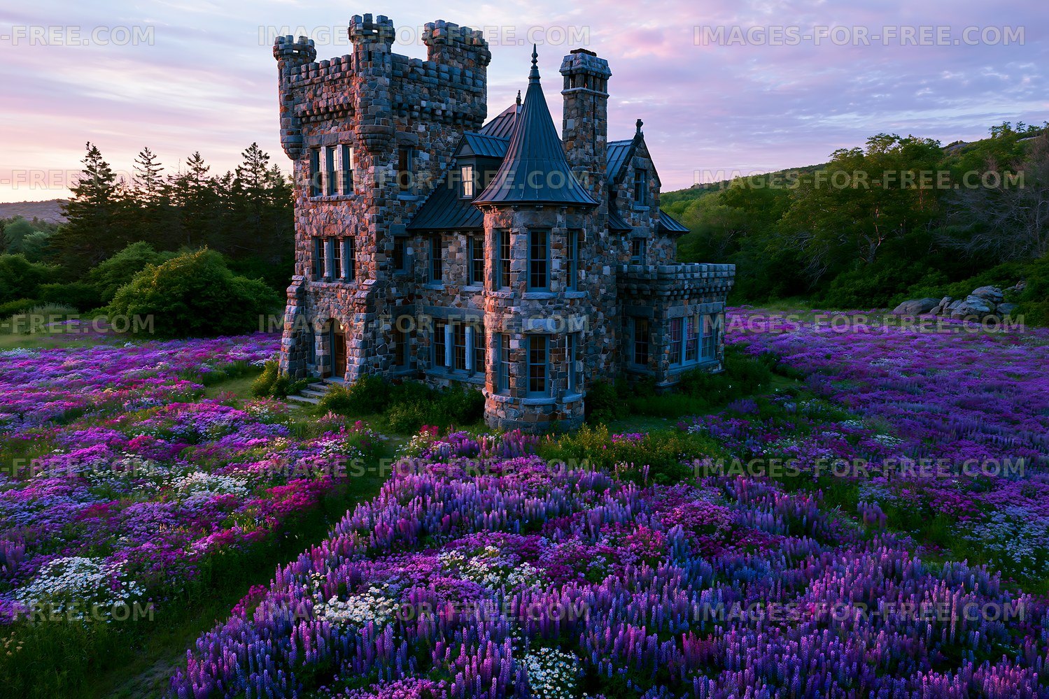 Stone castle surrounded by purple flowers at sunset