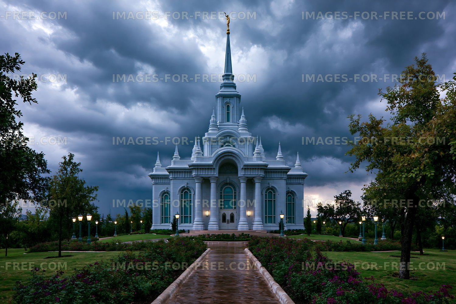 White church building stands under dark stormy sky