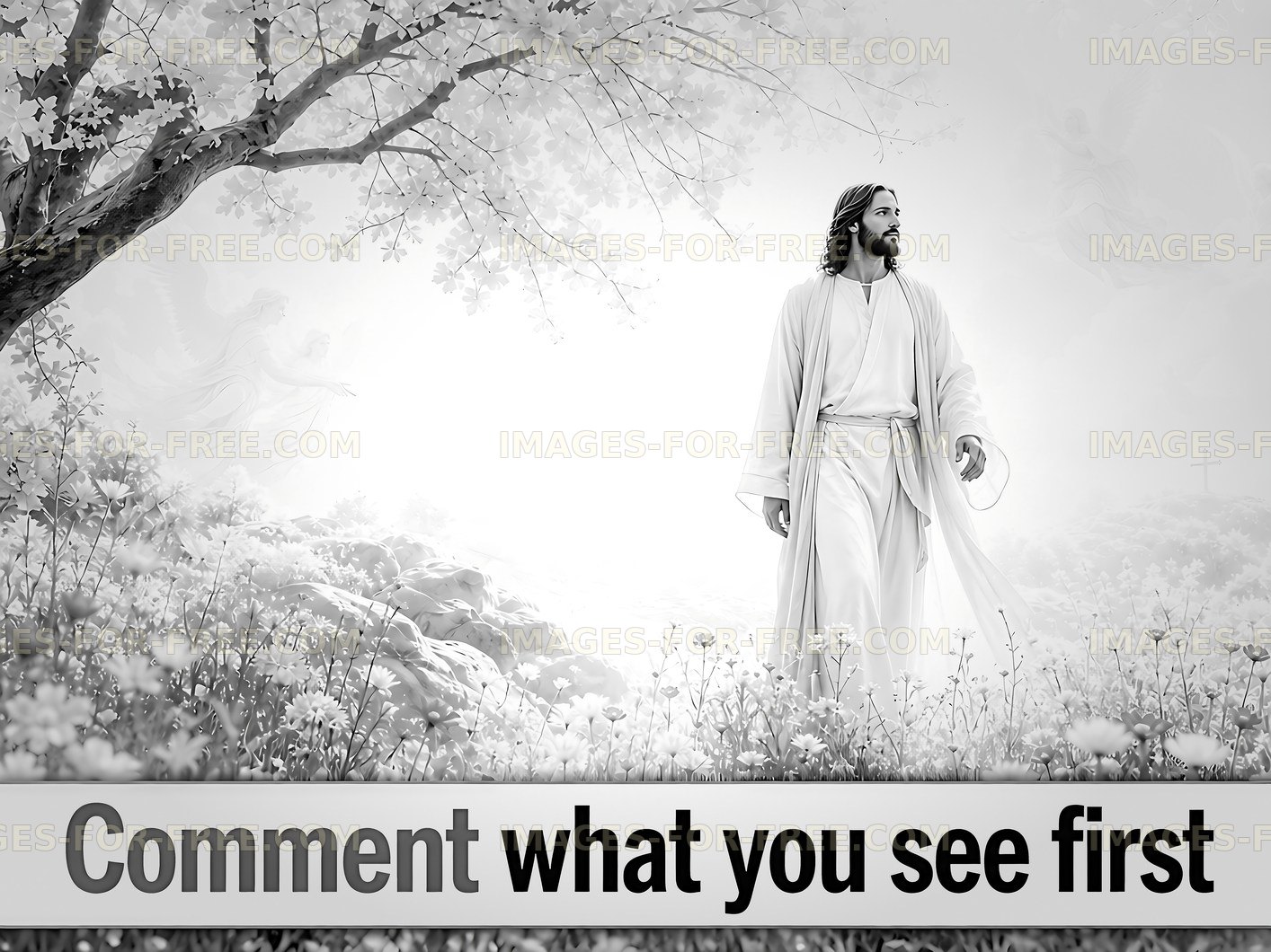 Man in white robe walking in a serene garden