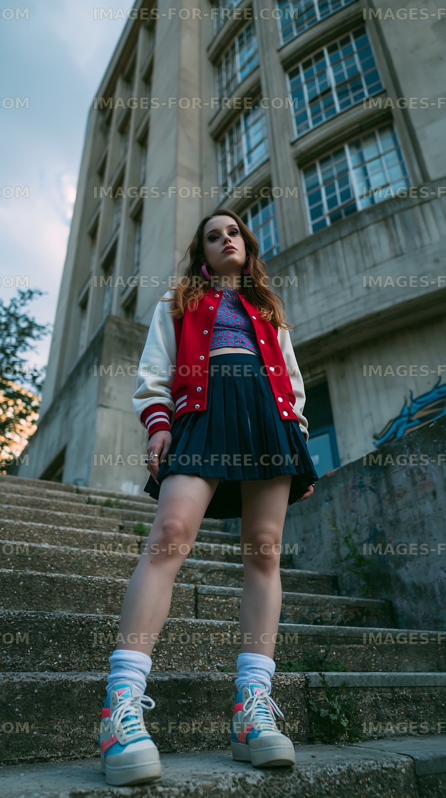 Young woman in vintage outfit poses on outdoor steps in urban setting