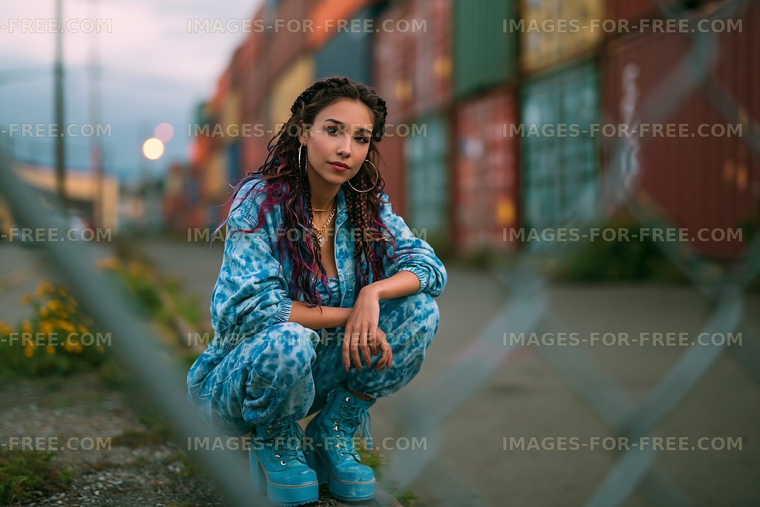Young adult in blue outfit poses near shipping containers
