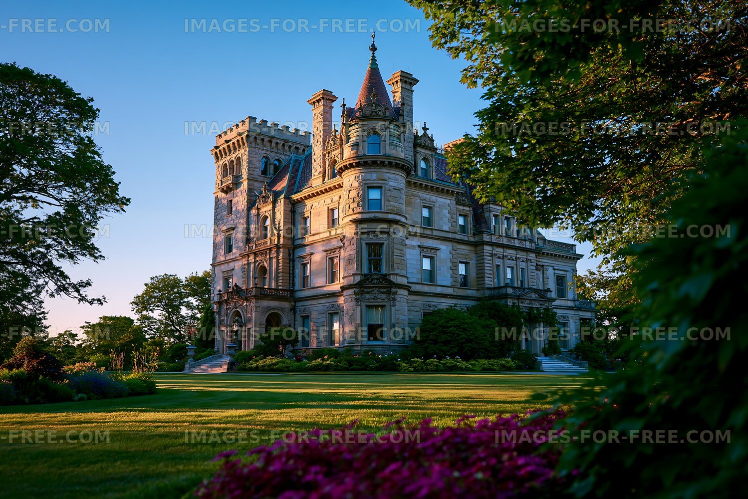 Historic mansion with large garden in sunlight