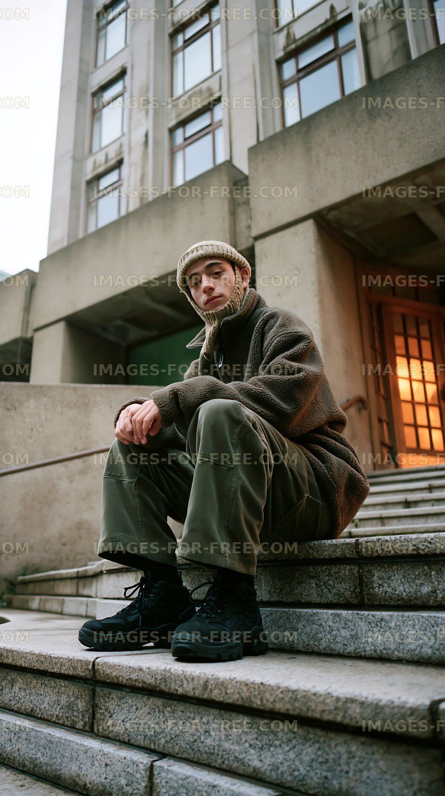 Young person sitting on steps of a building at dusk