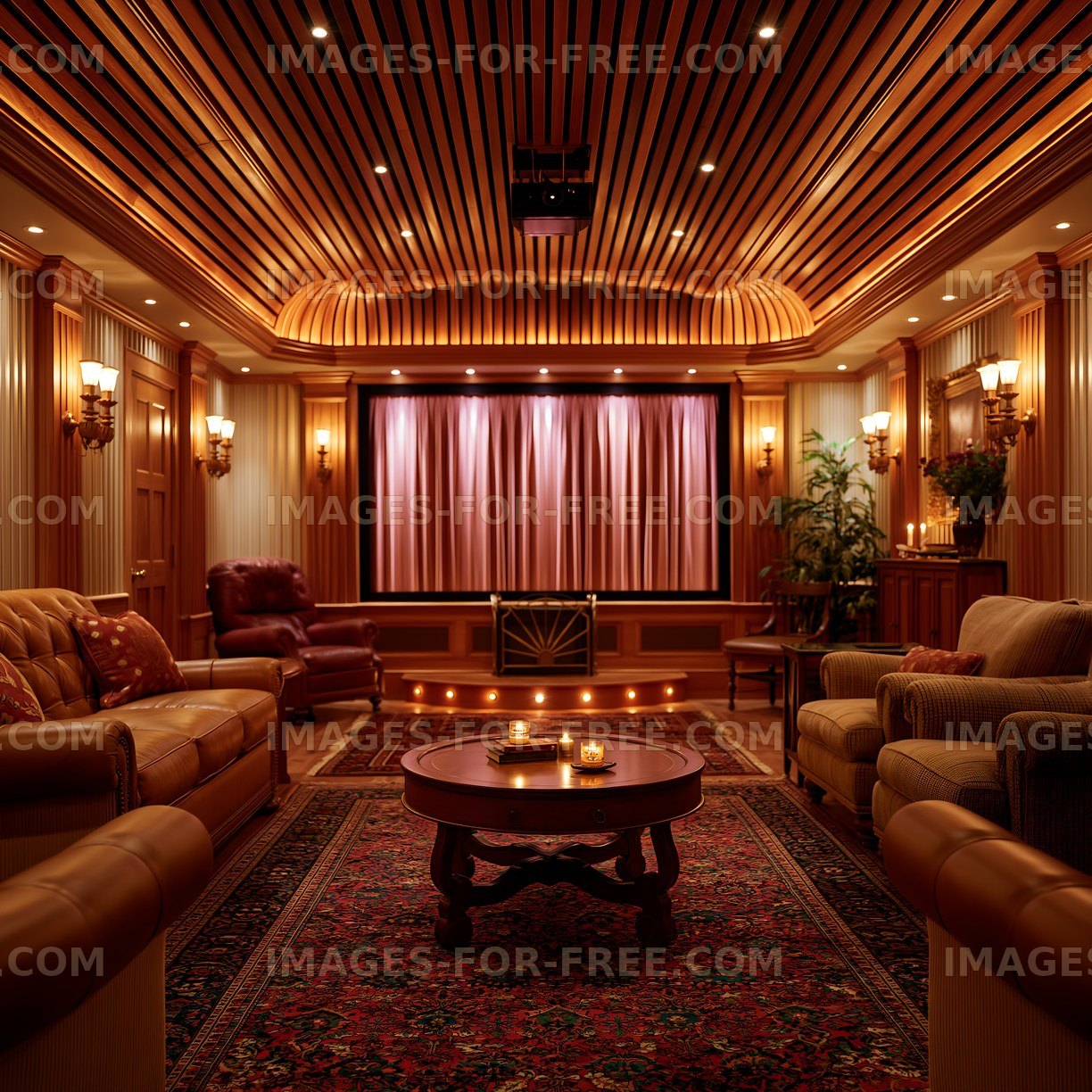 Home theater room with cozy seating and warm lighting