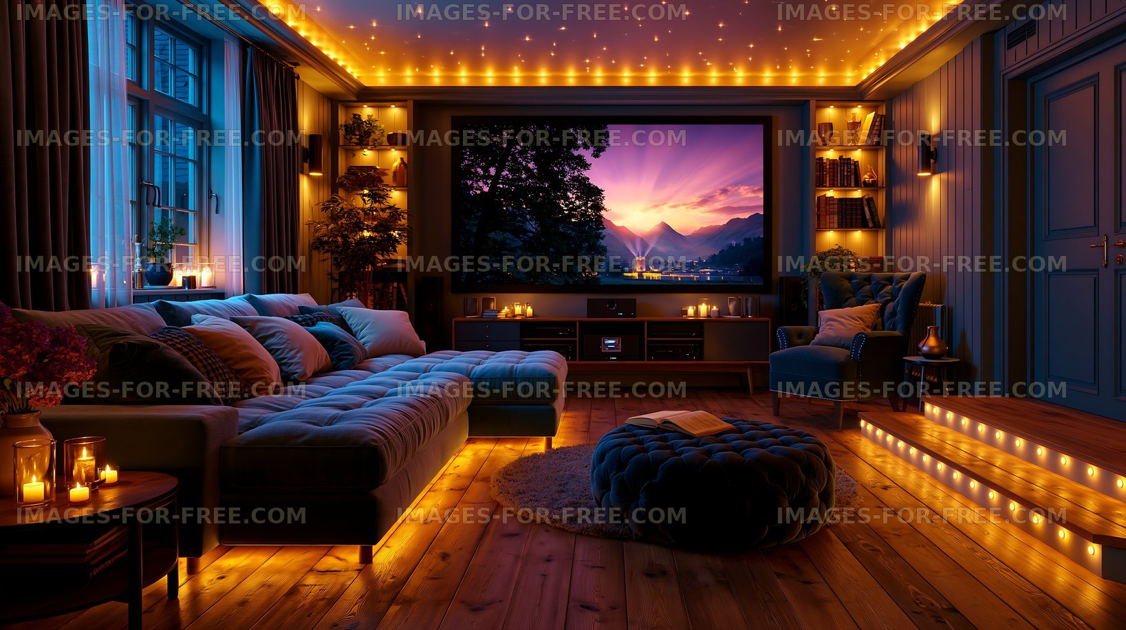 Cozy living room with warm lighting and a beautiful mountain view