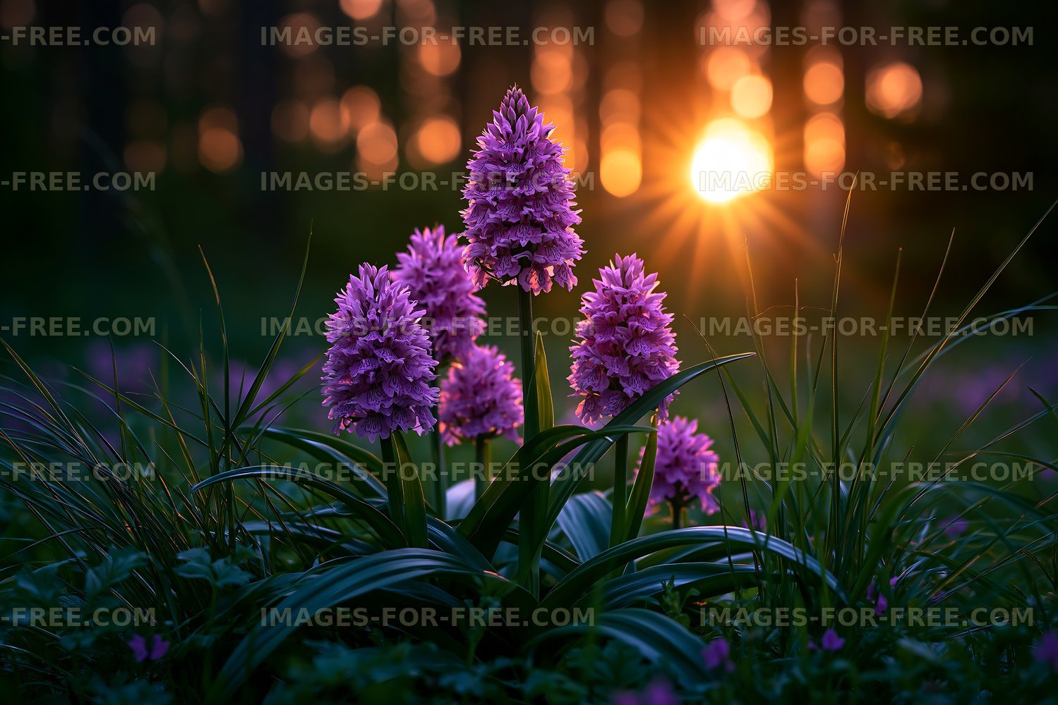 Purple flowers bloom in a forest during sunset