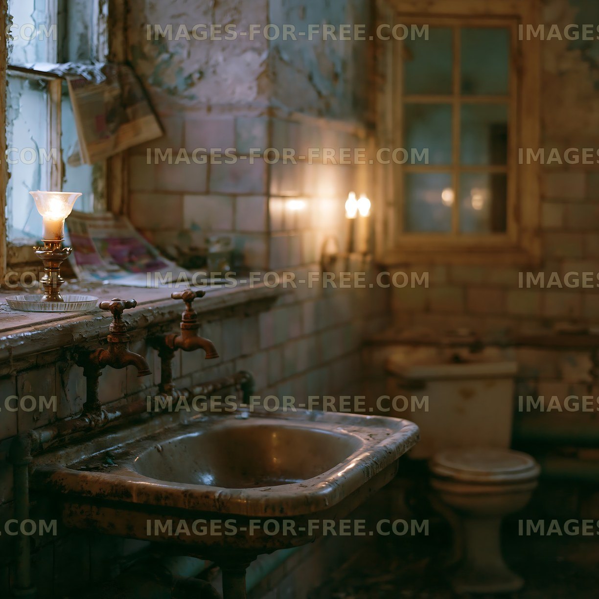 Old bathroom with vintage fixtures and soft lighting