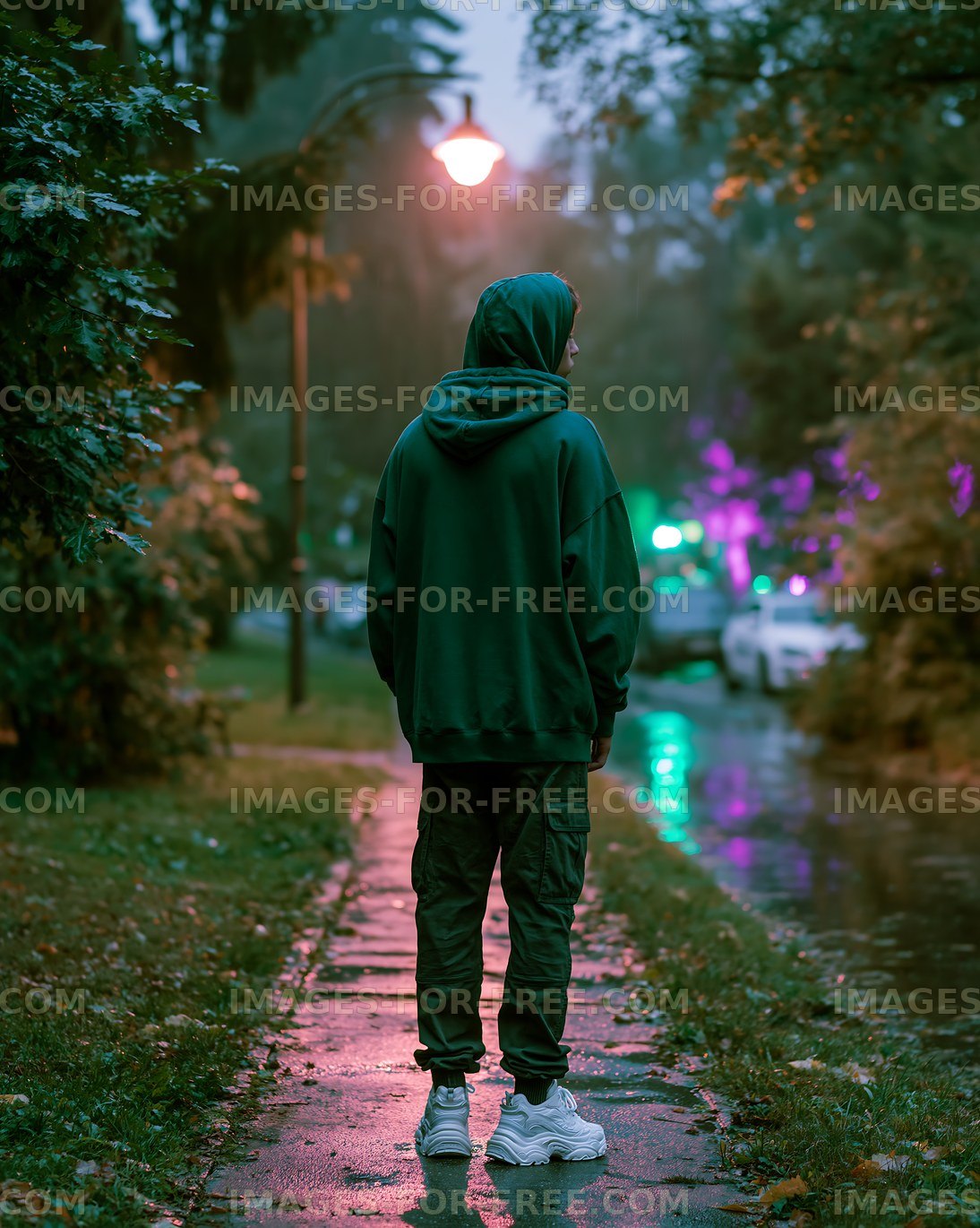 Person walking in a park during rainy evening with street lights