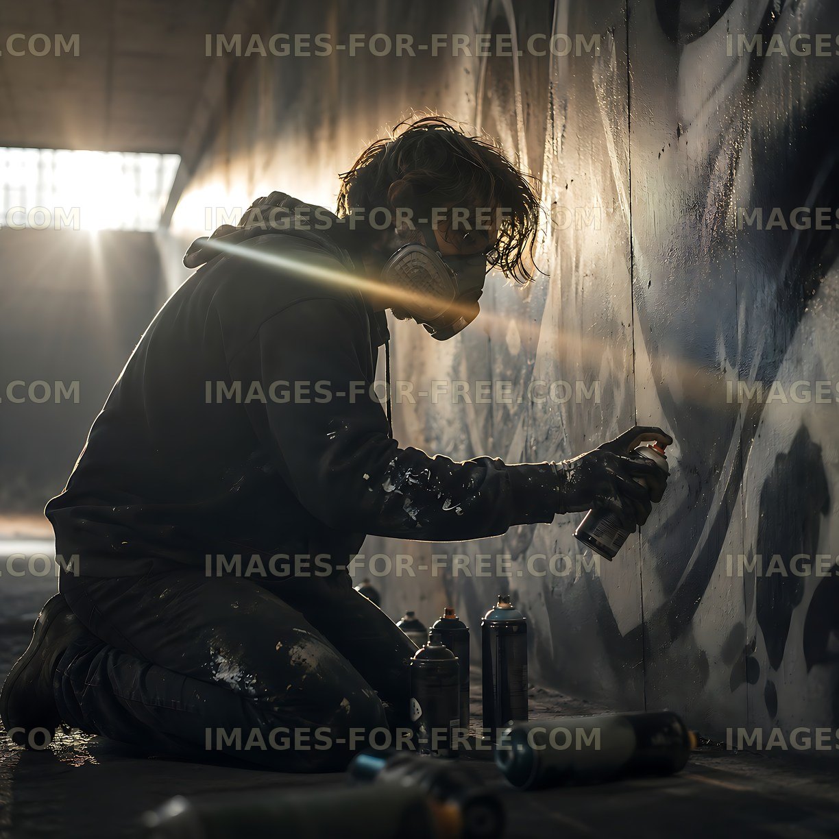 Graffiti artist painting mural in abandoned warehouse