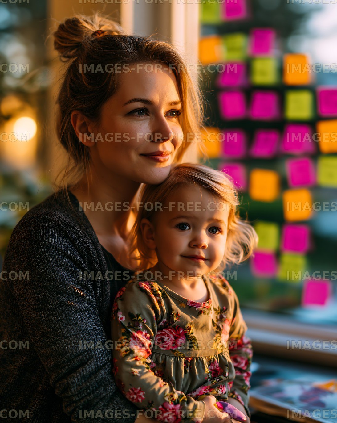 A woman holds her young child while sitting near a window