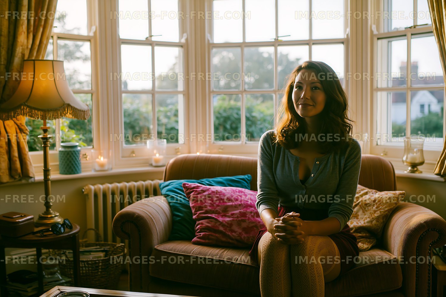 Woman sitting on a sofa in a sunlit living room