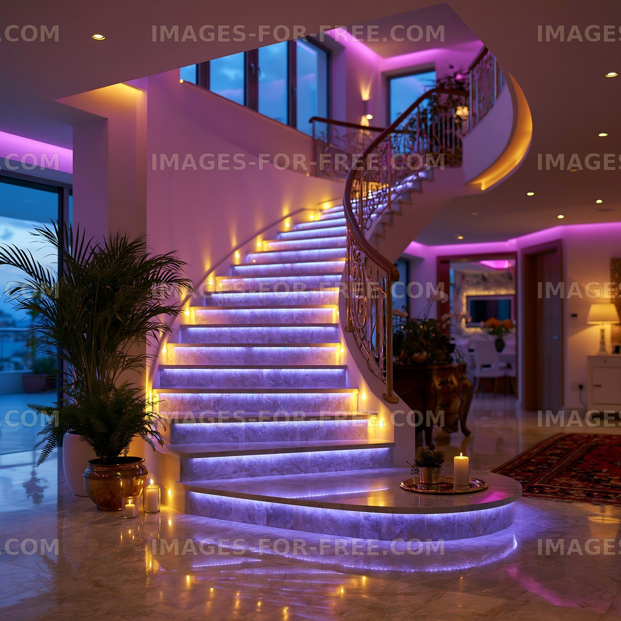 Spiral staircase with purple lights in modern interior space